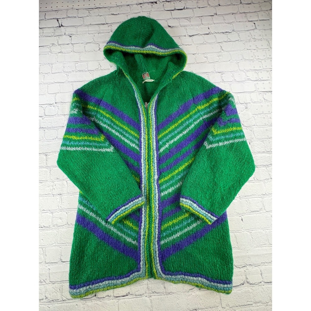 Handmade Wool Hooded Sweater Womens Medium Green Chevron Italy READ